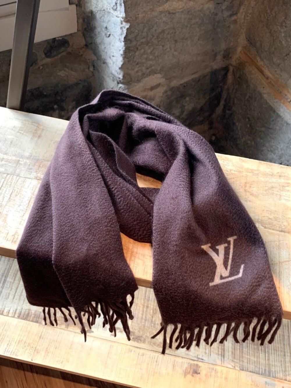 Louis Vuitton Brown Cashmere Logo Fringed Scarf